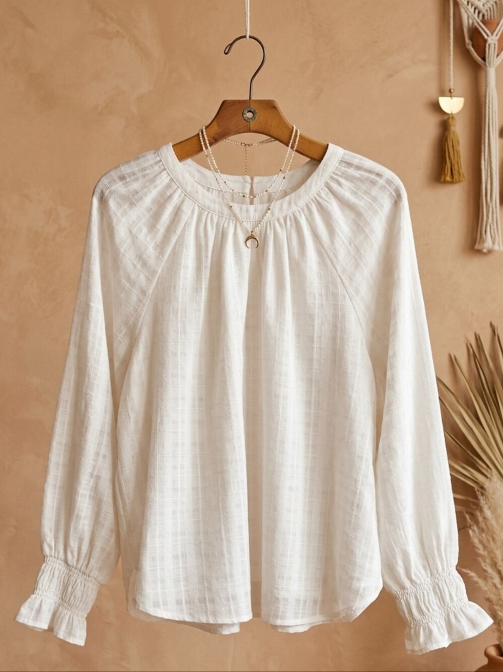 LOFT Creamy White Jaquared Light & Lined Peasant Blouse W/ Smocked Cuffs Sz LG